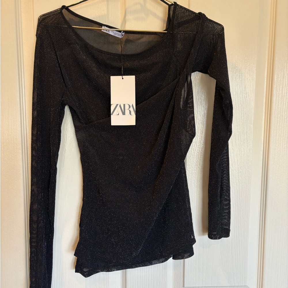 ZARA Black Sheer shimmery Long Sleeve Top Medium Size NWT